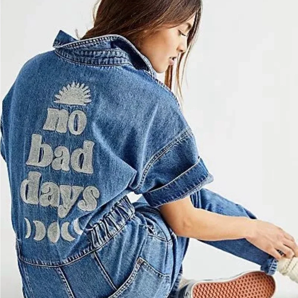 RARE FREE PEOPLE Marci Embroidered Coverall NO BAD DAYS SIZE SMALL EUC - Picture 7 of 7